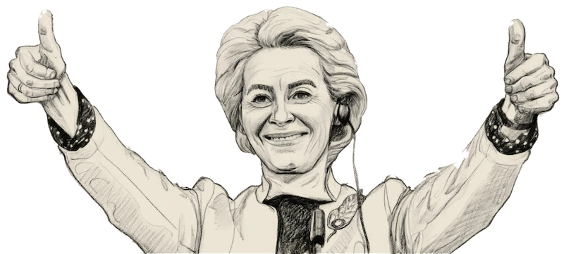 Ursula von der Leyen, peinte, les deux pouces levés